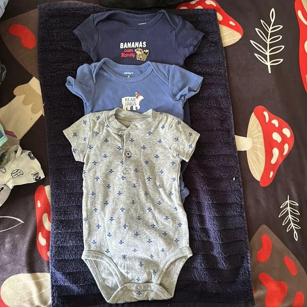 Lot of 3 Baby Boy Bodysuits Size 6 Months Short Sleeve Rompers Cotton Outfit
